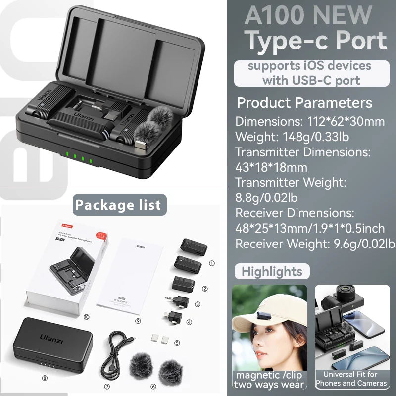 Micro Cravate Sans Fil ULANZI A100 - 2 Émetteurs + 1 Récepteur - Réduction Bruit, Magnétique - Pour IPhone, Android, Caméra