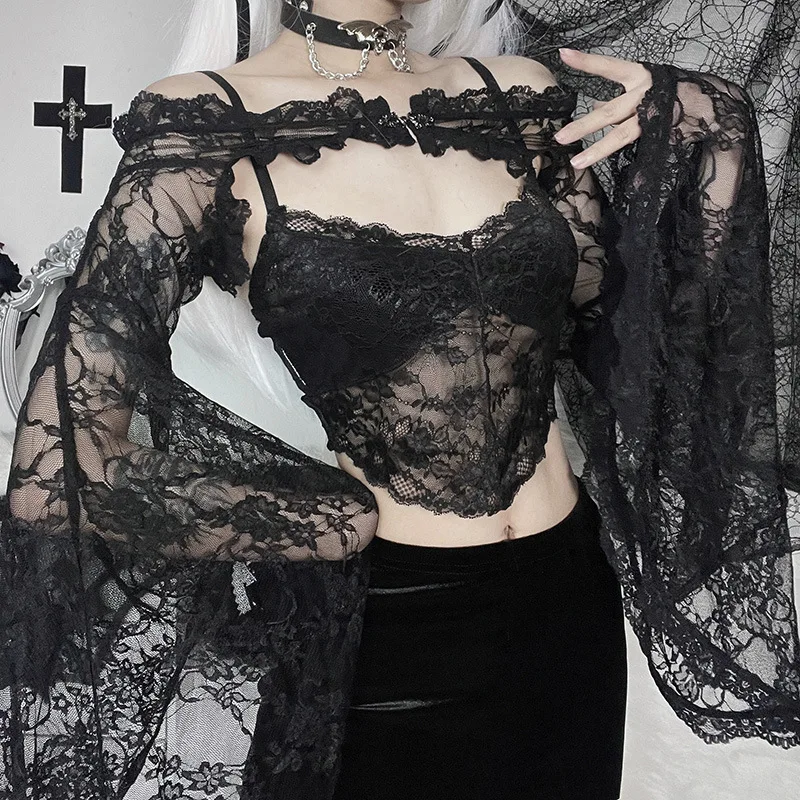 Goth Dark Elegant Mall Gothic Emo Lace Blouses Shrug Tops Grunge Sheer Sexy Women Alt Crop Top Off Shoulder Flare Sleeve Shirts