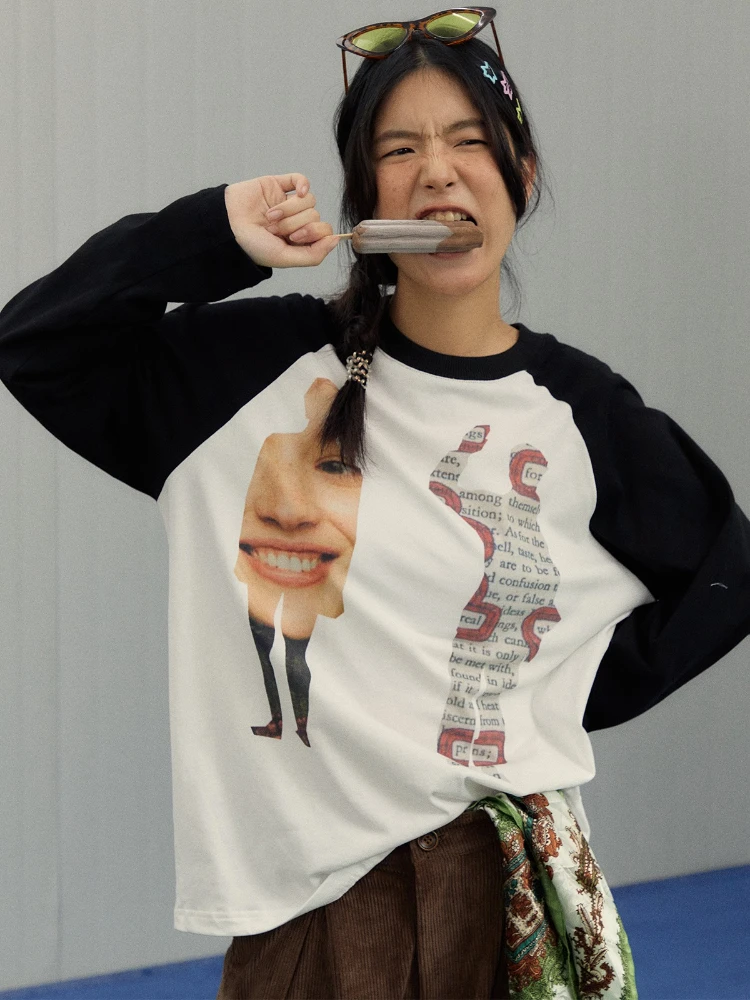 

ADAgirl Funny Graphic Print T-Shirt Women Vintage 90s Raglan Sleeve Tees Aesthetic Korean Fashion Casual Retro Pattern Clothes