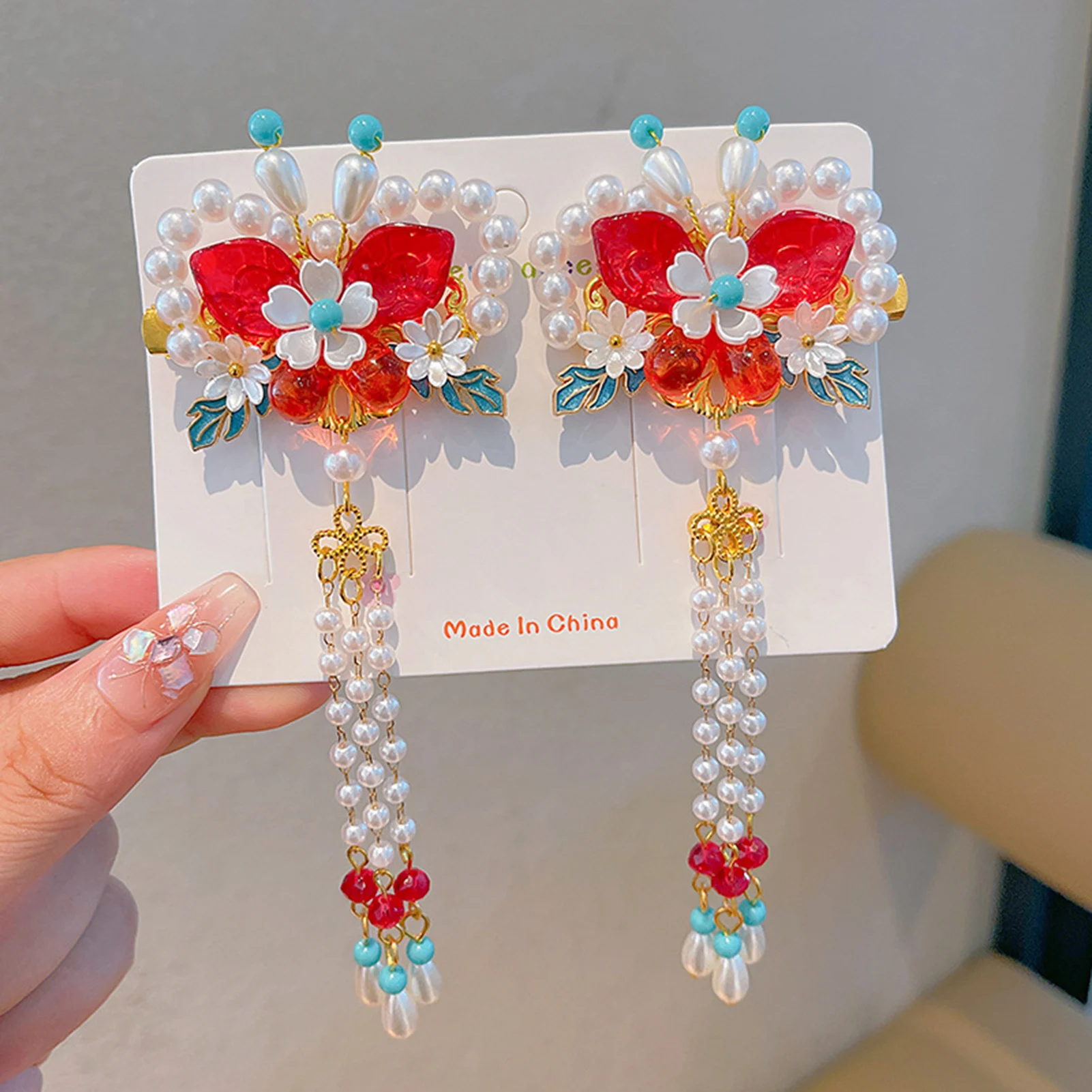 Blumen-Haarspangen im chinesischen Stil, Han-chinesische Kleidung, Haarspangen mit Quaste für Hochzeit, Bankett, Party, Cheongsam – Detail 4
