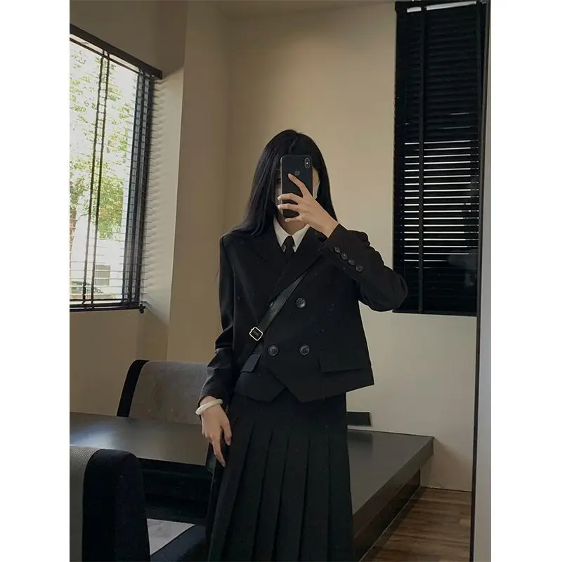 

Woman's Autumn College Style Short Blazers Jacket Shirt Pleated Skirt Suit Retro Casual Tie Suit Shirt Skirt Three-piece Suits