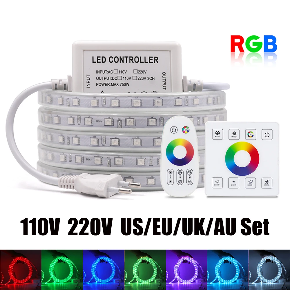 

Waterproof RGB LED Strip AC 220V 110V With Panel Remote SMD 5050 Garden Bedroon Kitchen Decor Flexible Ribbon Tape Lights