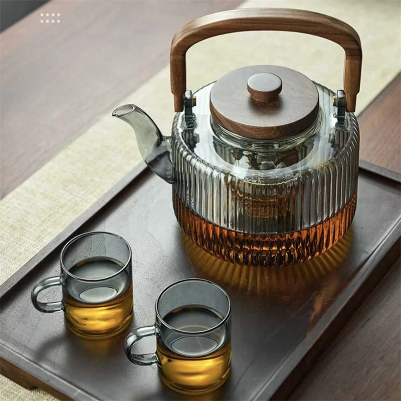 Large Capacity 1300ml Stripe Pattern Glass Teapot Wooden Beam Tea Kettle Brewing Puer Teapot Herbal Health Flower Tea Maker