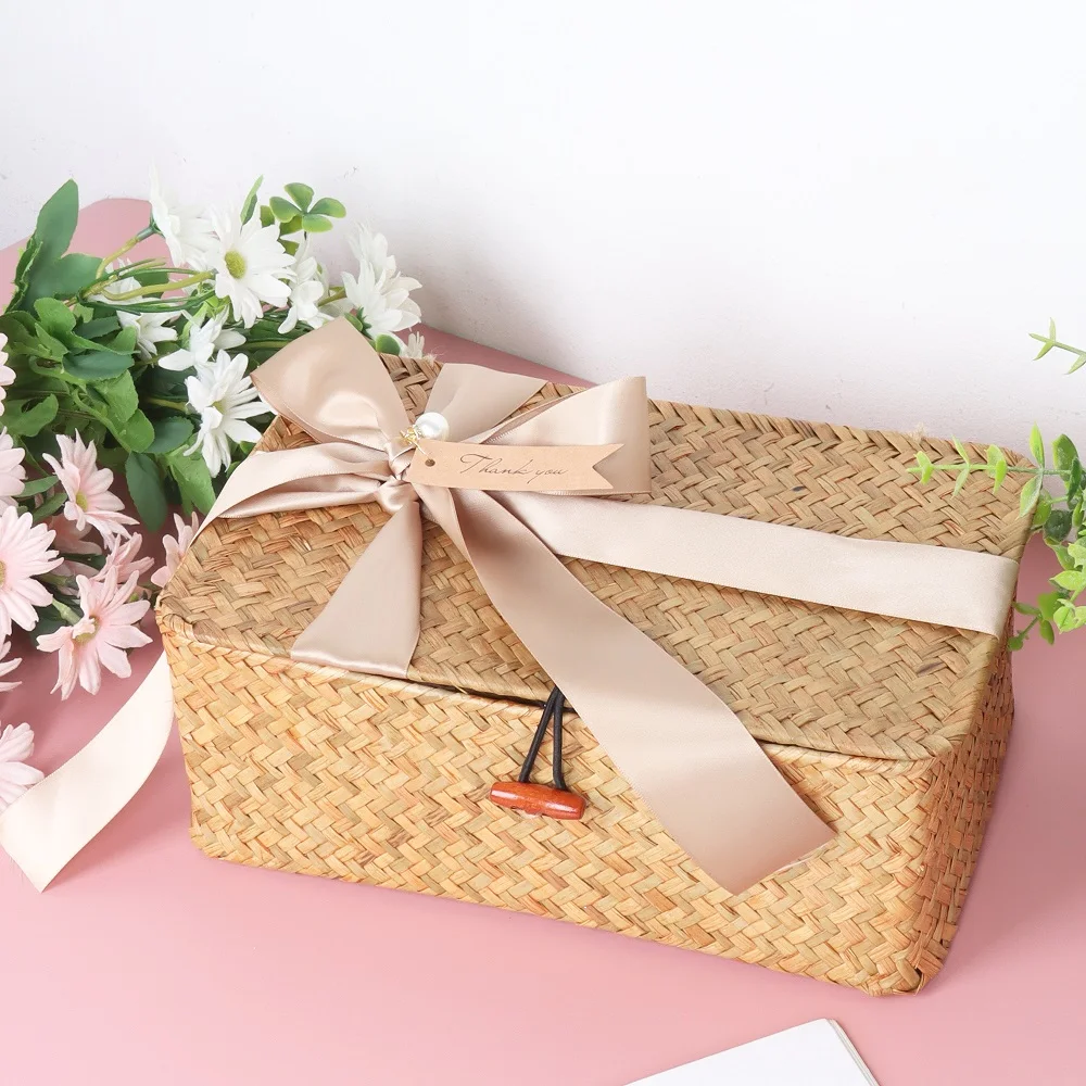Seagrass Hand-woven Bow Storage Baskets Wicker Rattan Basket  with Lid Organizer for Desktop Sundaries Home Decoration 4