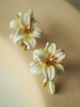  Lily enamel craft flower shape Mori retro pearl earrings ear clip 