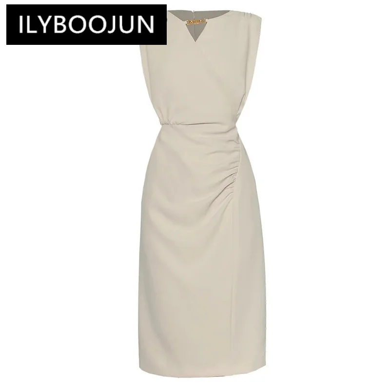 

ILYBOOJUN Summmer Fashion Runway Women Dress V Neck Ruched Design Solid Color Di gnfied Elegant Sleeveless Tank Midi Dress