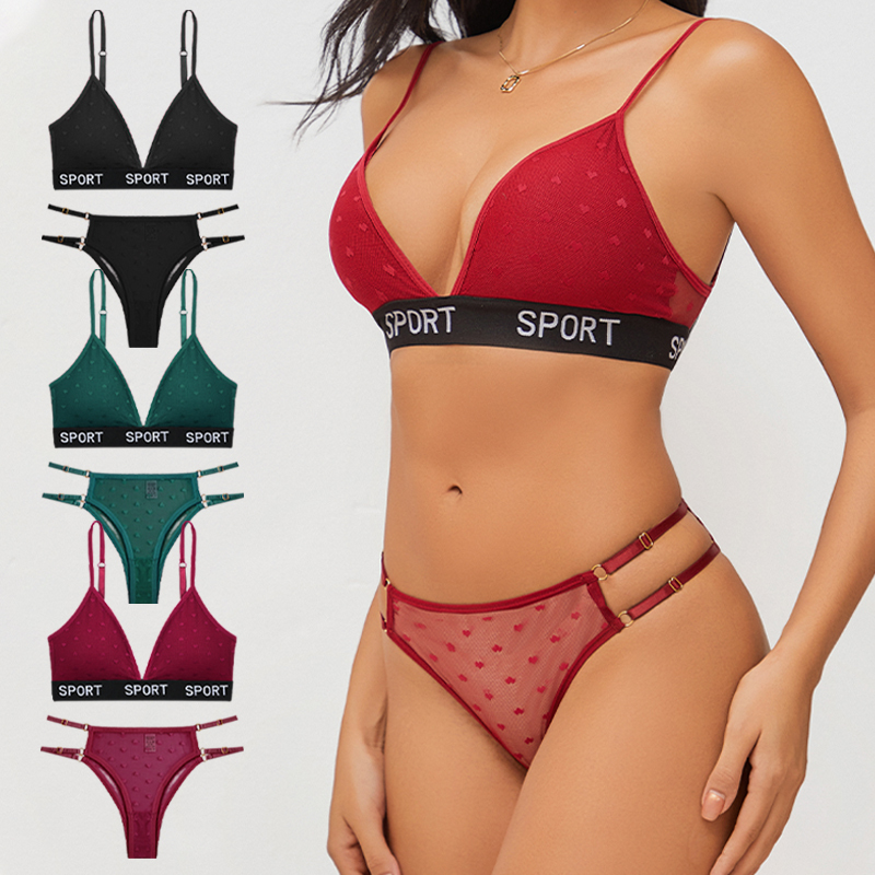 Women Sexy Dot Lace Bras Set Adjustable Hollow Transparent Briefs Ladies Padded Push Up Brassiere Wireless Underwear Letter Tops