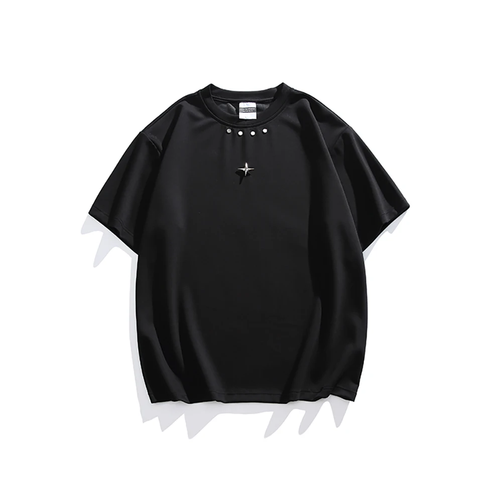 

European and American fashion brand short sleeve T-shirt men's summer metal decoration high street hip hop half sleeve