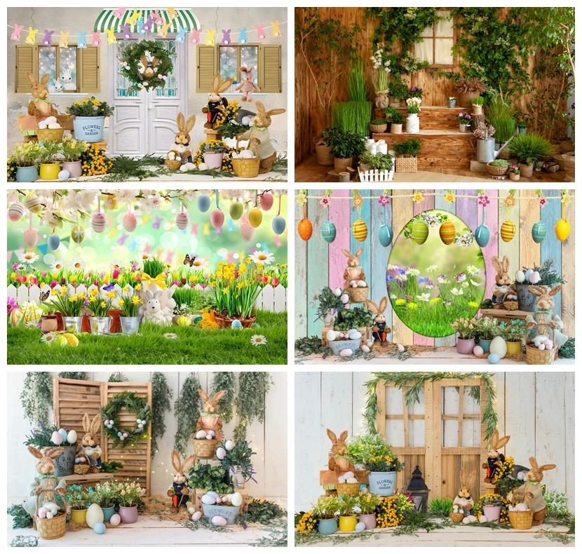 

Spring Easter Photography Backdrop Rabbit Eggs Floral Bunny Wooden Wall Happy Easter Kids Baby Portrait Background Photo Studio