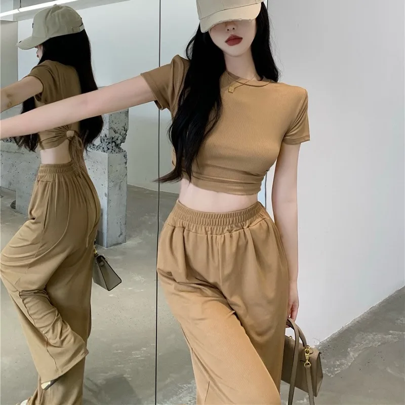New Fashion Casual Pocket Slim Fit Pants Sets Women's Solid Color Crop Top And Pants Sexy Open Umbilium Two Piece Suits Women