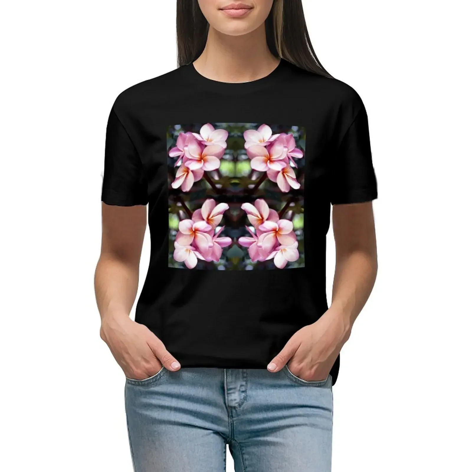 

Pink Plumeria Blossoms Bouquet Kaleidoscope Collage T-shirt Blouse tops white t shirts for Women