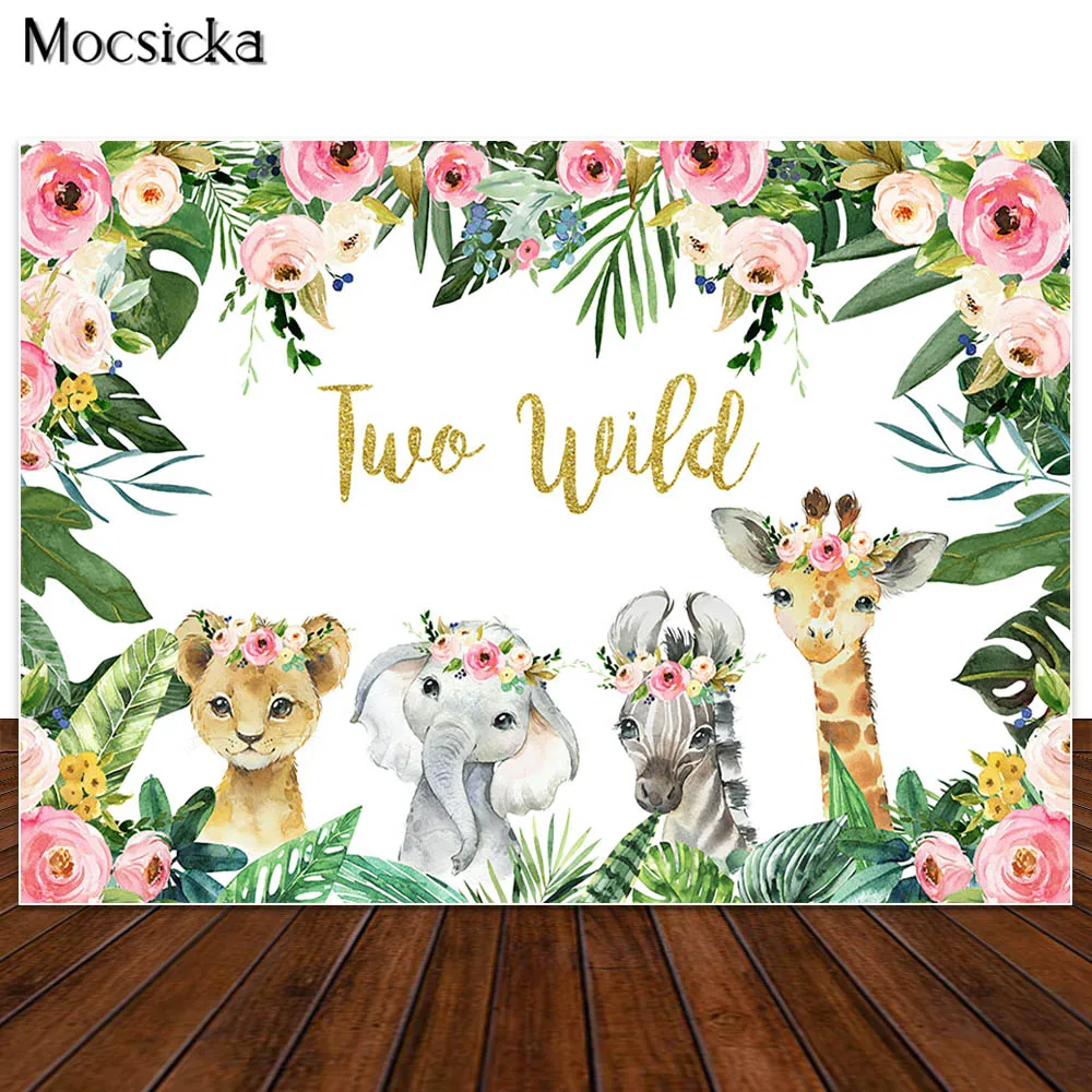 Mocsicka Girl Two Wild Backdrop Jungle Safari Animals 2nd Birthday Photography Background Cake Dessert Table Decor Banner