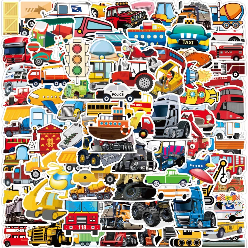 100 Pcs/Set Cartoon Engineering Vehicle Truck Graffiti Sticker for Children Boy Skateboard Laptop Luggage Box DIY Decoration truck container toy miniature fire truck engineering truck police car diecast alloy vehicle toy 1 50 scale car transporter toy