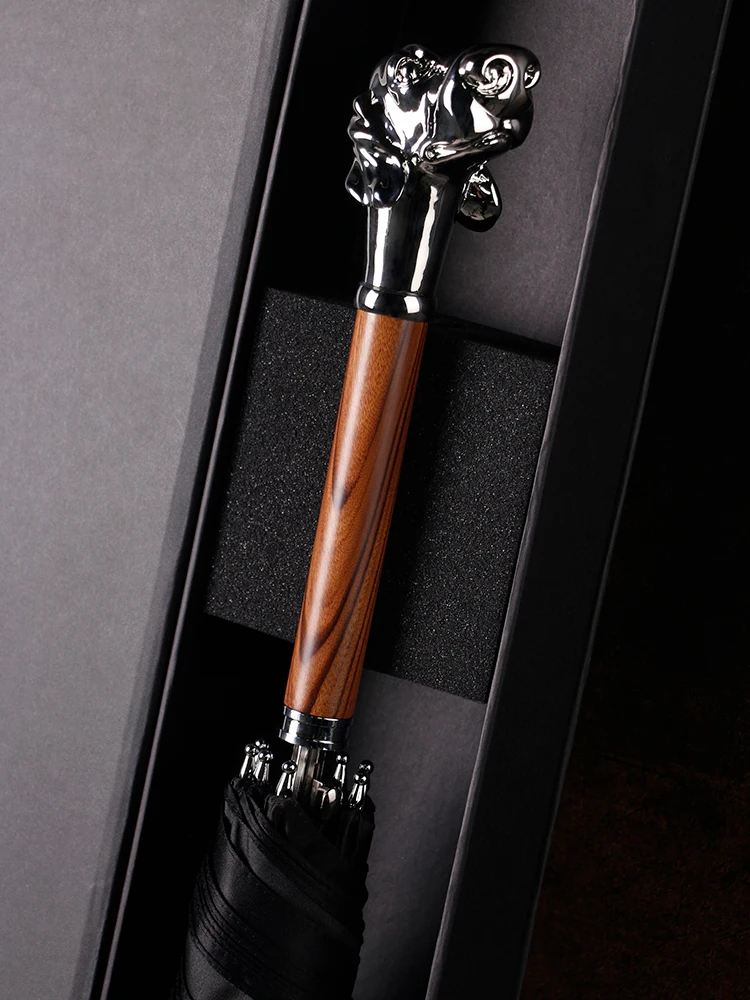 Metal Dog Head Wood Long Handle Umbrella Men Luxury Sunny Rain Umbrella Women Windproof Reinforced Big Black Business Umbrellas