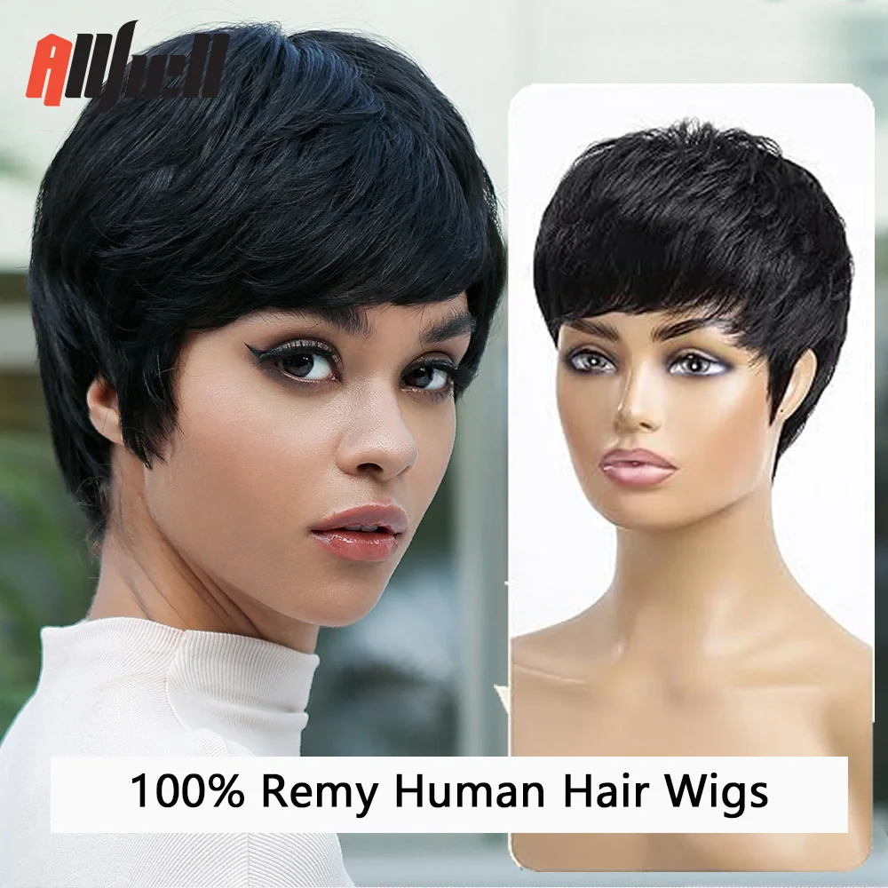 

Short Pixie Cut Human Hair Natural Black Remy Human Hair Wig for Black Women Straight Layered Machine Made Cheap Glueless Wig