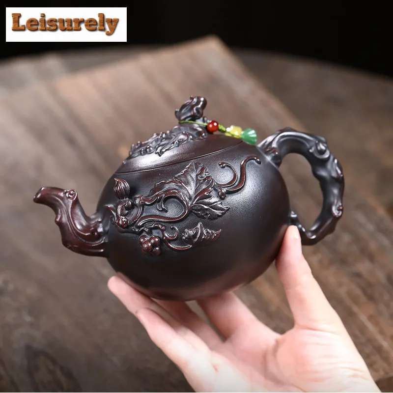 410ml Yixing Purple Clay Teapots Handmade Grape Pot Raw Ore Antique Brass Mud Kettle With Strainer Chinese Zisha Tea Set Cafe