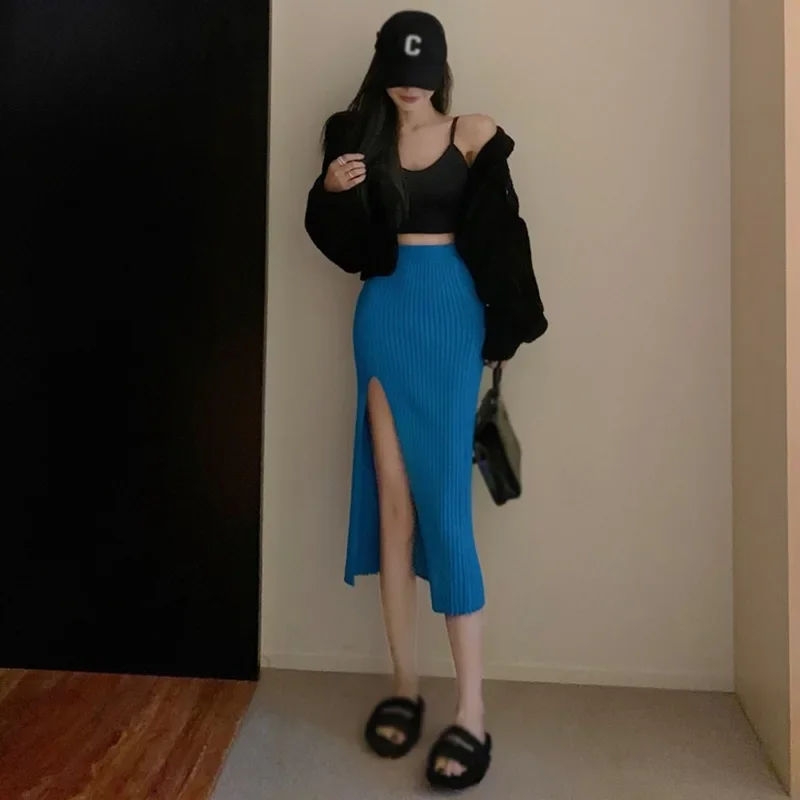 Zik Hekiy Sexy Split Bodycon Long Skirt for Women Elegant Slim Fit High-Waisted Skirts Female Pure Knitted Skirt