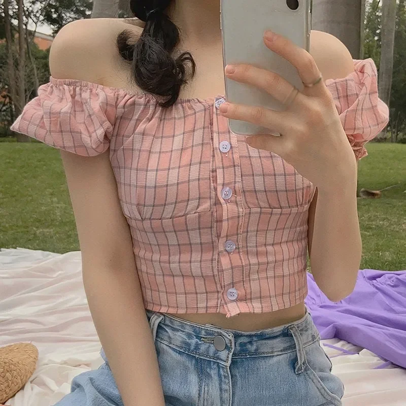 

Casual All-match Korean Fashion Short Puff Sleeve French Style Square Collar Tees Button Tops Preppy Style Plaid Print T-shirts