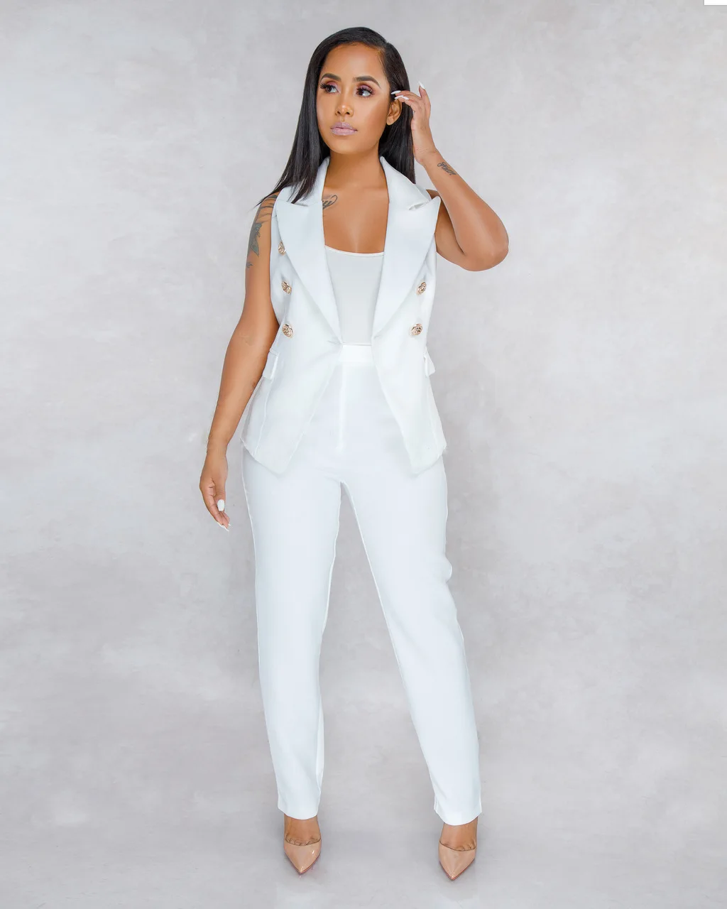 Women Fashion Vest And Trousers Two-Piece Set Office Temperament Commuting Spring Summer Solid Color Leisure Suit Urban Style women s straight jeans summer fashion mid waist ripped denim pants elegant temperament cotton trousers female streetwear casual