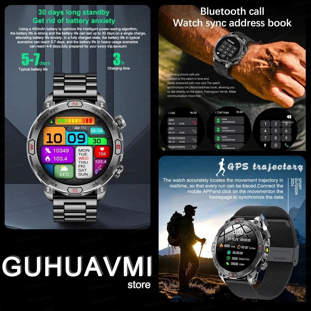 2024 새로운 야외 GPS 스마트 시계 1.43 화면 1 ATM 방수 피트니스 시계 화웨이 안드로이드 IOS에 대한 블루투스 통화 Smartwatch