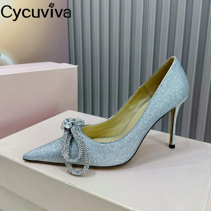 

Spring Crystal Bowknot Thin Heel Pumps Women Satin Point Toe High Heel Banquet Shoes For Women Designer Brand Sandalias Mujer