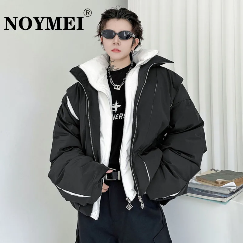

NOYMEI Winter Cotton Coat Turn-down Collar Zipper Fashion Patchwork Contrast Color Men's Fake Two Pieces Thicken Jacket WA3504