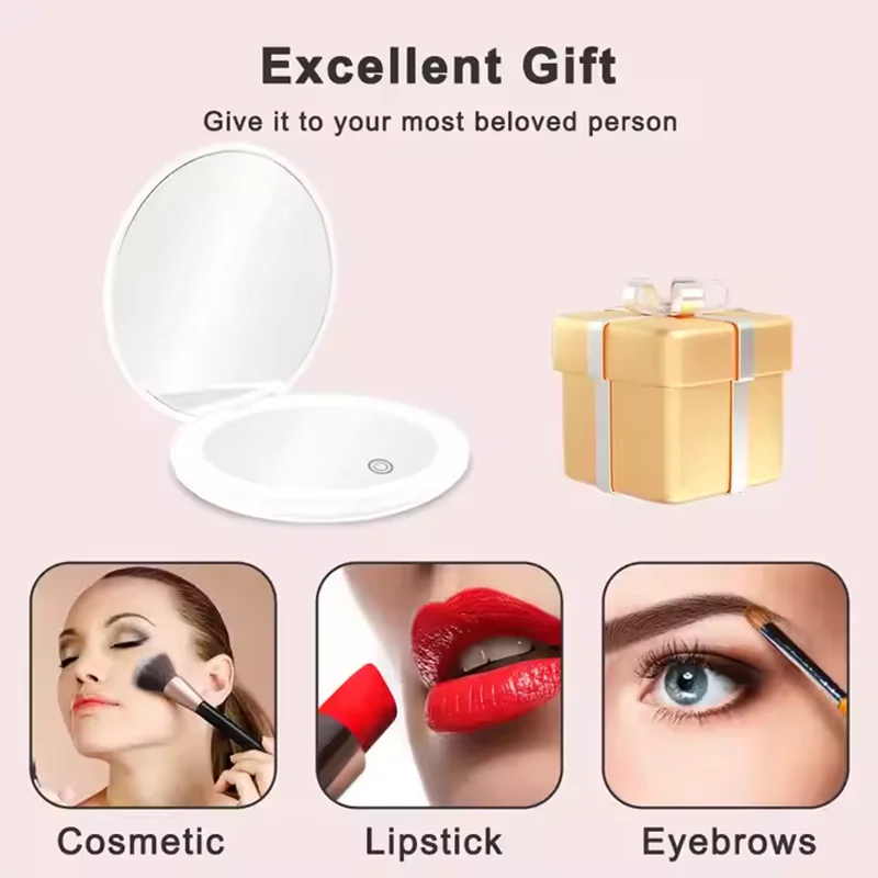 1X/10X Magnification LED Pocket Compact Cosmetic Mirror Rechargeable Slim Travel Makeup Mirror with Lights Portable Double Sided