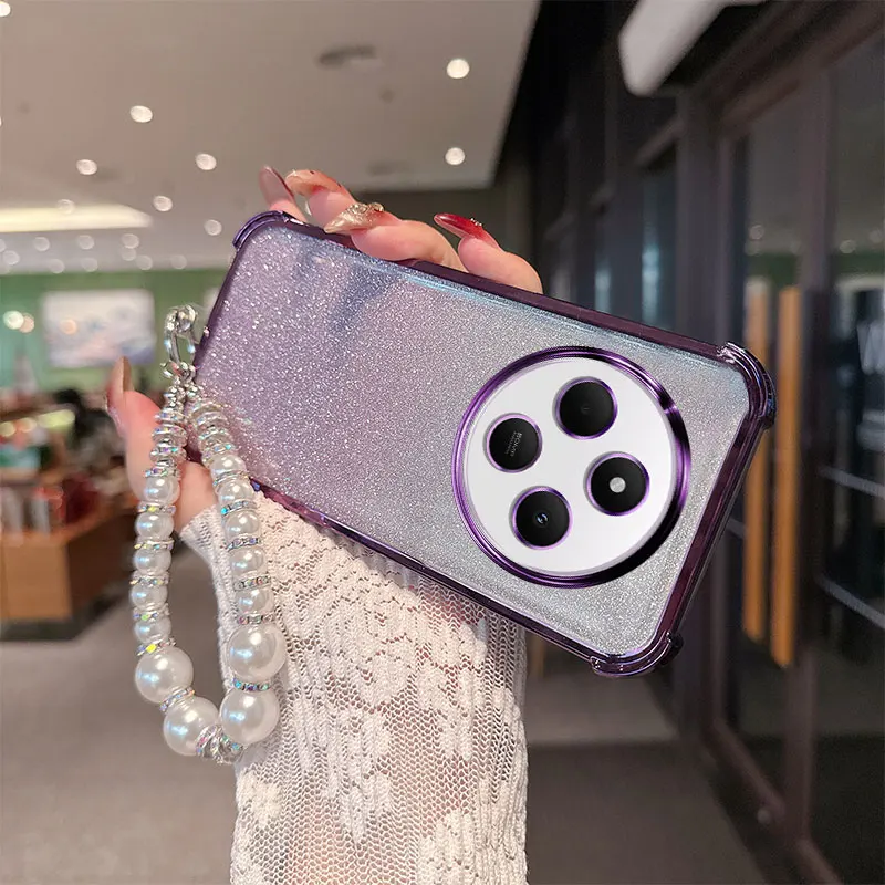 Gradient Glitter Shockproof TPU Phone Case with Luxury Pearl Chain Wrist Strap