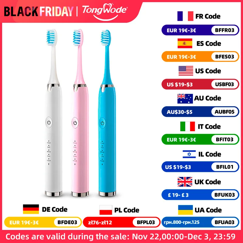 Electric Toothbrush Tongwode Sonic USB Rechargeable Waterproof Electronic Ultrasonic Whitening Replacement Heads