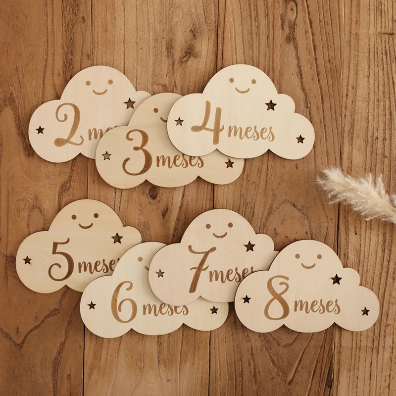 Spanish Alphabet Baby  Wooden Milestone Number Month Memorial Cards Items Cute Cloud Shape Newborn Photography Accessories Props 1