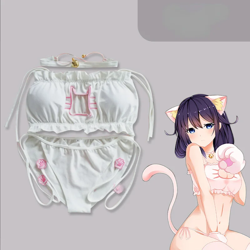 Women's Cosplay Anime Lingerie Set Kitten Keyhole Cute Sexy Bra and Panty  Underwear Costume Sleepwear Bikini for Women Girls