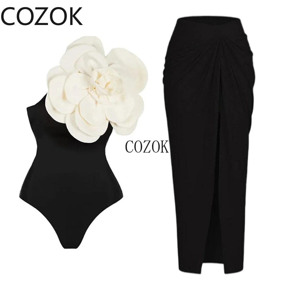 Women Swimsuit Simple Solid Color One-Piece with Cluster Decoration In Black/White on The Shoulders, Fashionable and Elegant