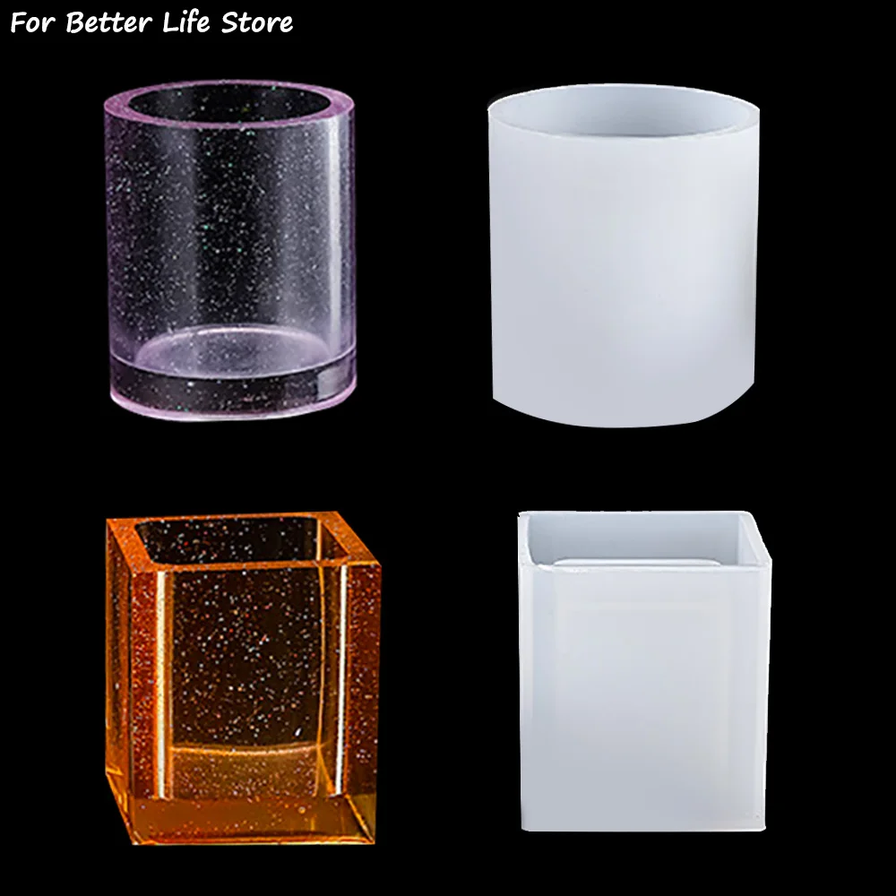 

1Pcs Silicone Pen Holder Mold Square Round Transparent Geometric Epoxy Dry Flower Resin Concrete Candle Easy Demoulding