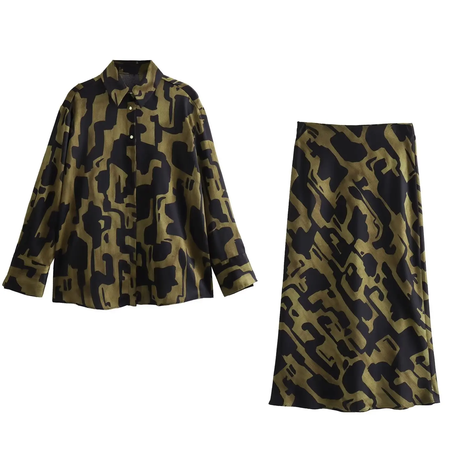 

Women New Fashion Printed Blouses+Silk Satin Print Midi Skirt Vintage Lapel Long Sleeve Button-Up Casual Chic Female Suits Mujer