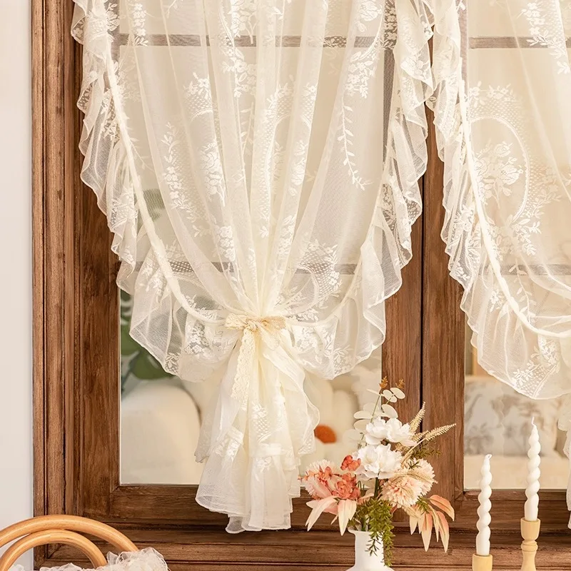 1 PC French Style Ruffle Lace Tulle Curtain With Cherries American 