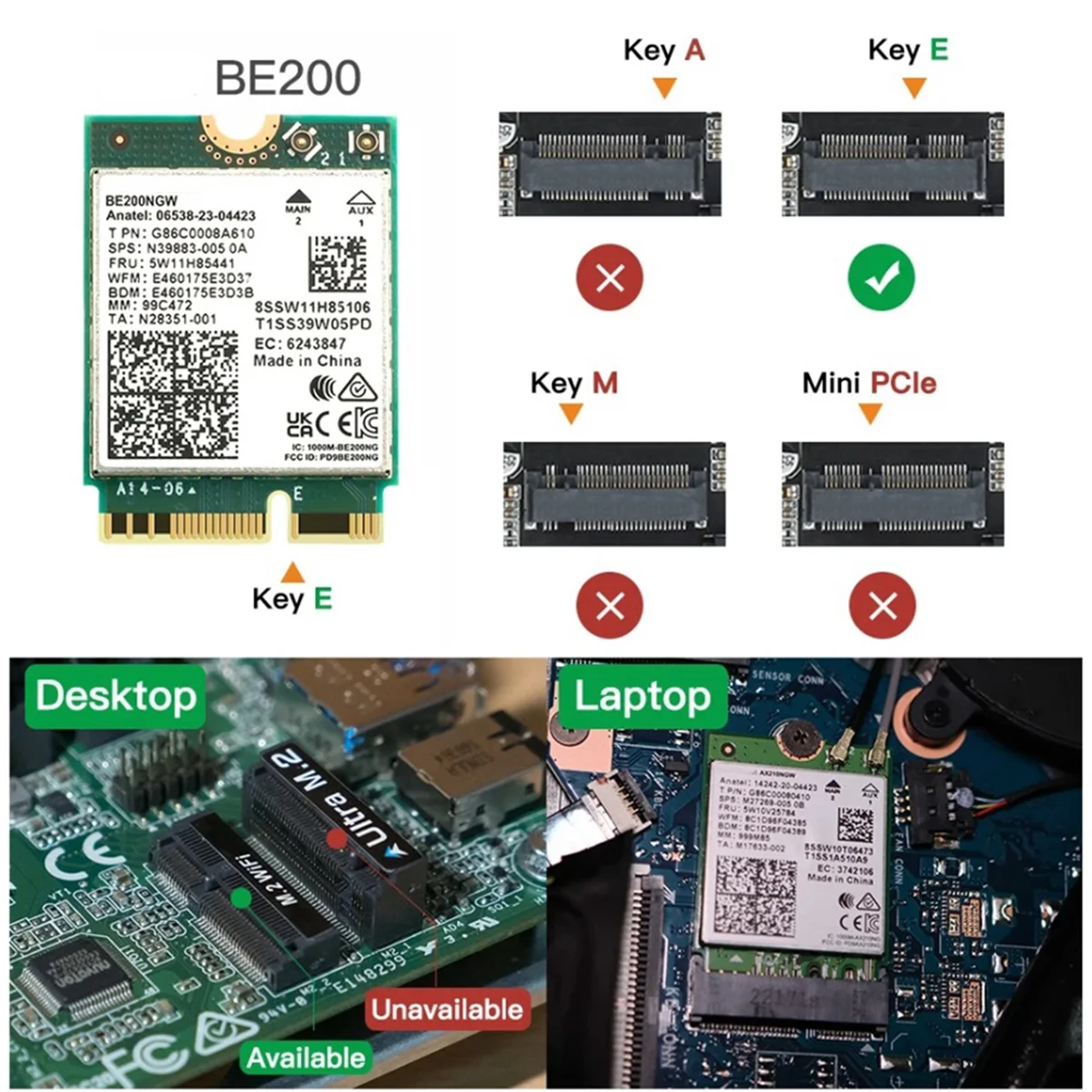 BE200 무선 네트워크 카드용 SCLS WiFi 7 BT5.4 Wifi 카드 BE200NGW 2.4/5/6GHz 5.8 Gbps M.2 어댑터 (PC 노트북용)
