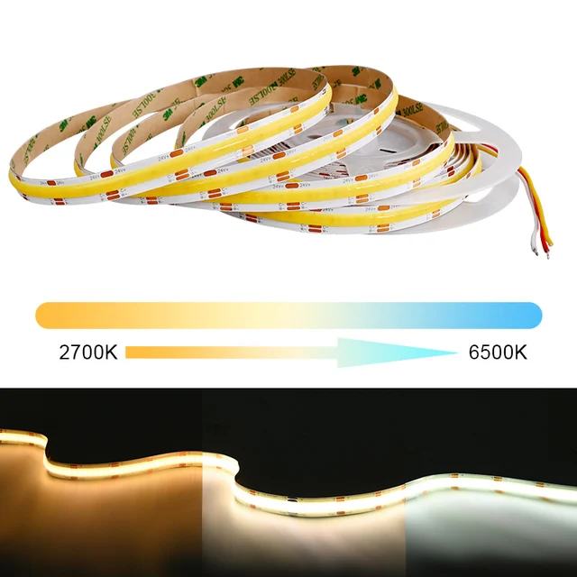 COB CCT ไฟ LED Strip 608 LEDs/m ความหนาแน่นสูงยืดหยุ่นหรี่แสงได้ FOB Led เทป 2700K ถึง 6500K เปลี่ยนแสง DC12V 24V 1