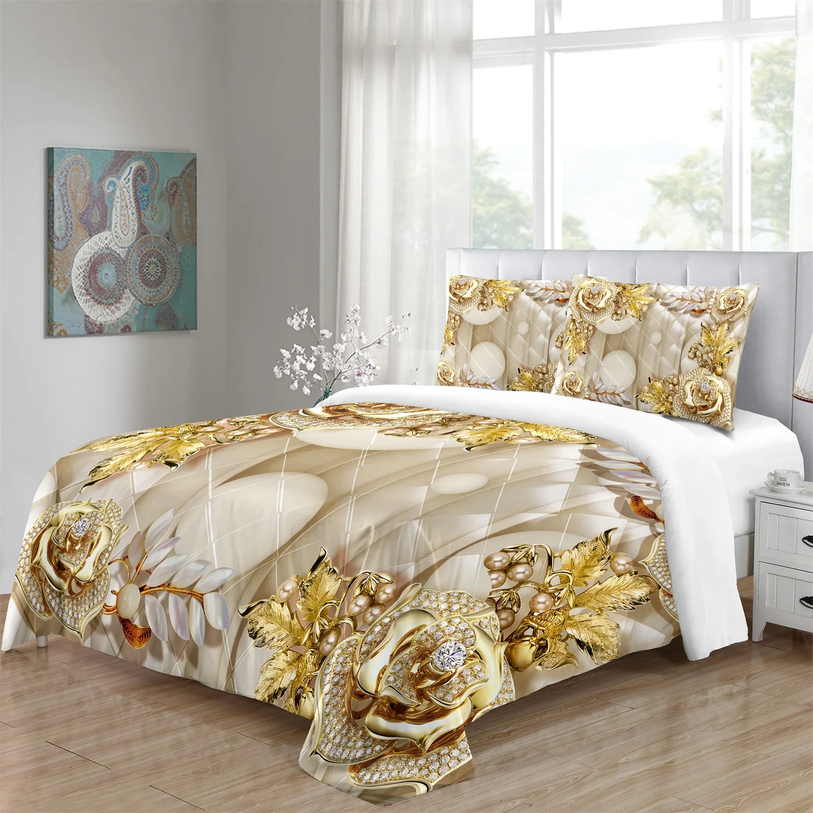 

Modern Luxury Red Flower Diamond Swan Gold Polyester Free Shipping 3pcs Bedding Sets Bed Duvet Cover Set and 2pcs Pillow cover