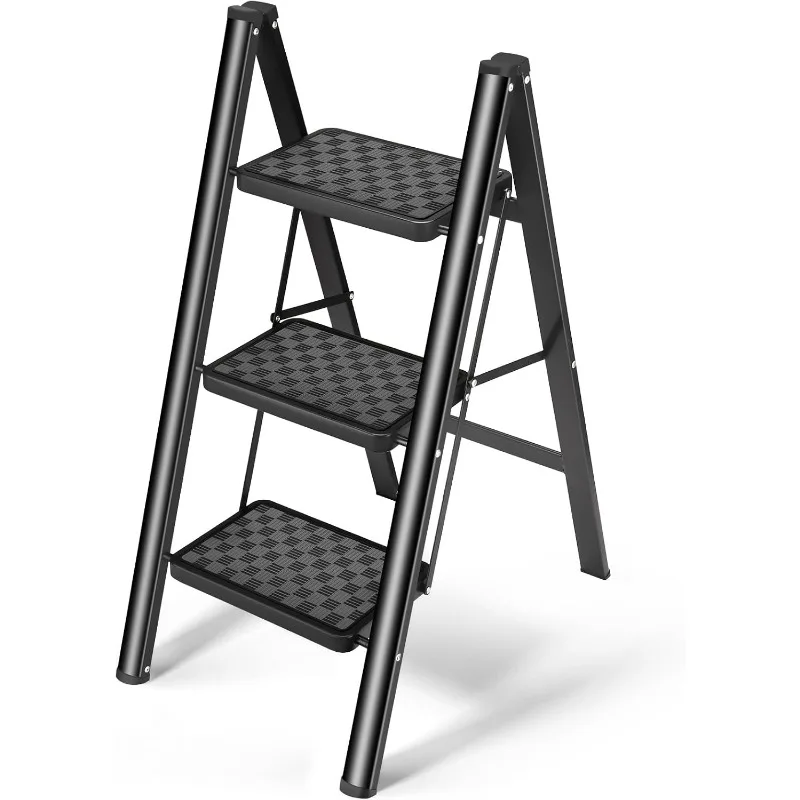 Folding 3 Step Ladder, 330 Lbs Capacity Step Stool for Adults, with Anti-Slip Wide Pedals Household Office, Gold