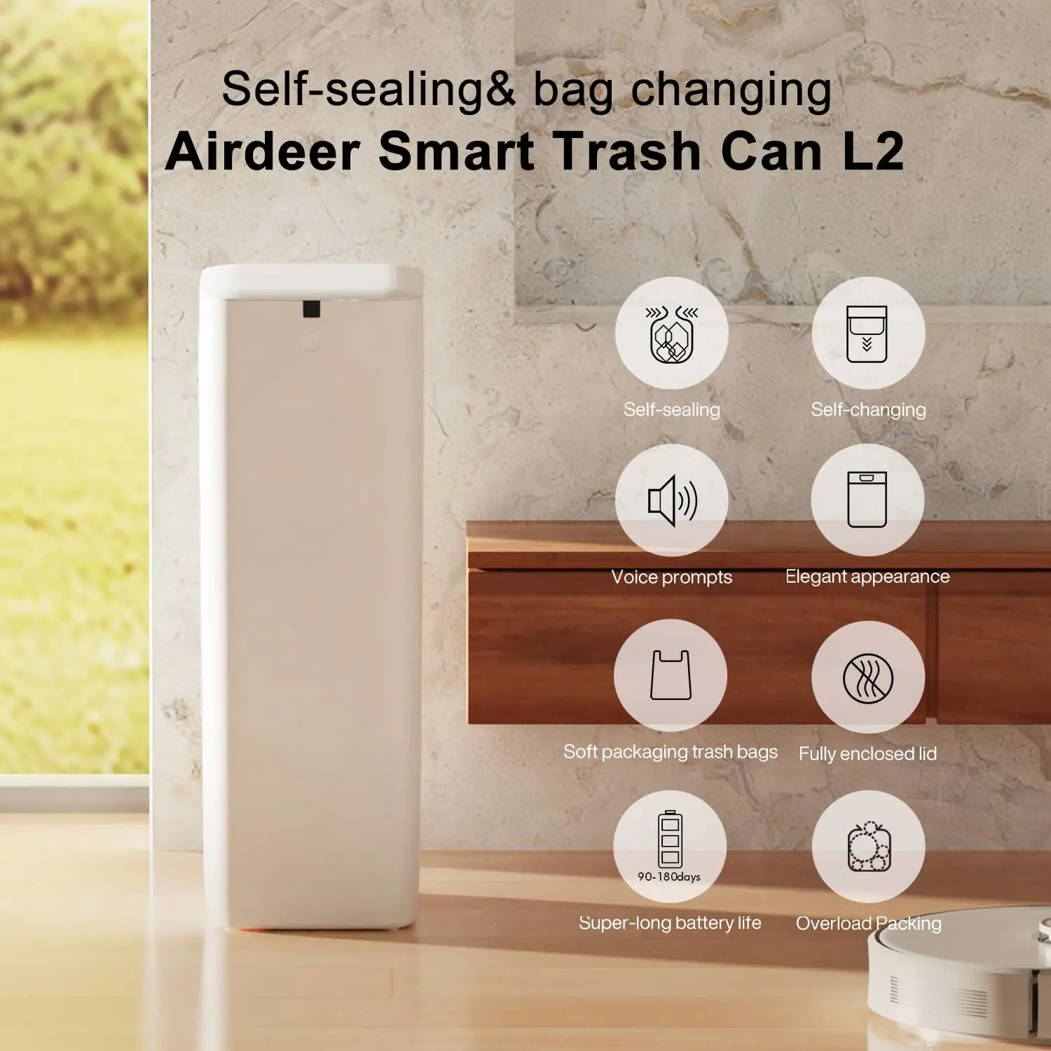Can, 8 Gallon Self Sealing and Self-Changing Smart Trash Can, Motion Sensor,  Garbage can with lid for 2