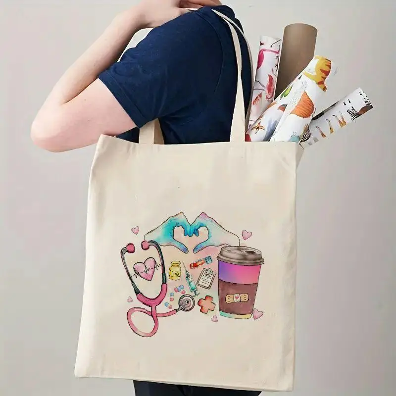Nurse Letter Print Shoulder Bags No Zipper Girl Canvas Casual Eco Tote Handbag Cute Women Large Capacity Graphic Shopping Bag 3
