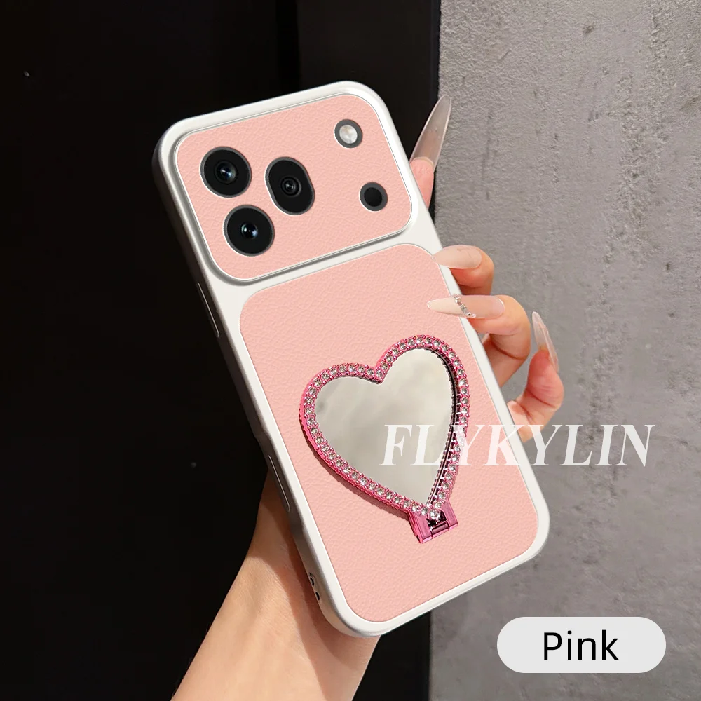 Litchi Skin Shock-Absorbing Phone Case with Heart-Shaped Mirror Holder