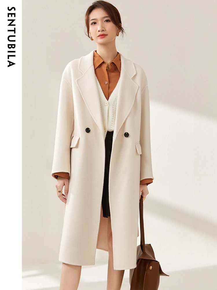 

SENTUBILA Longline Wool Coat for Women 2023 Winter Elegant Notched Collar Belted Maxi Wool Blend Overcoat Outerwear W24O42057