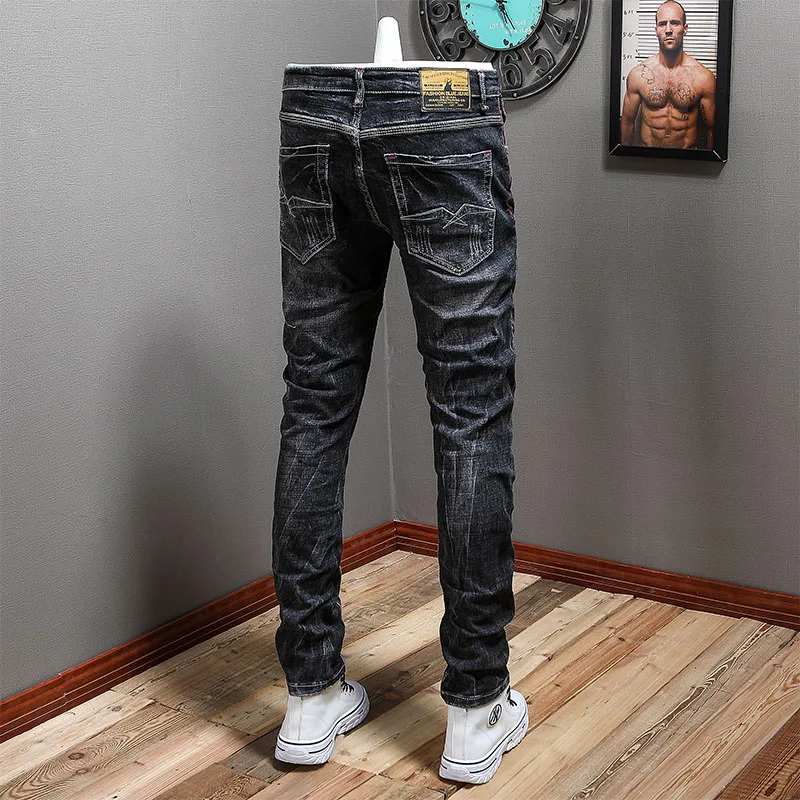 Vintage Fashion Men Jeans Retro Black Gray Stretch Elastic Slim Fit Ripped Jeans Men Denim Trousers Casual Designer Pants Hombre