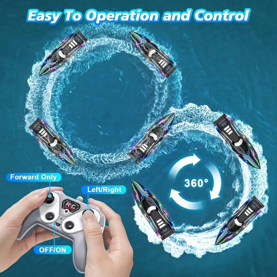 RC Boat with LED Lights 2.4Ghz Full Size for Pools and Lakes 30 Minutes Run Time Pool Toys