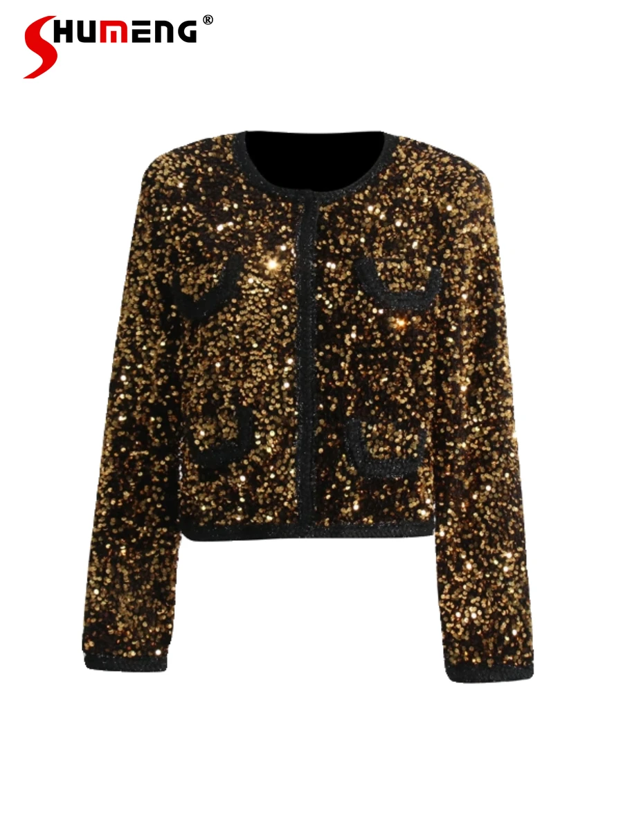 

2024 Spring New Feminine Short Coats Fashionable Shiny Sequins Long Sleeve Round Neck Coat Women's Temperament Short Tops