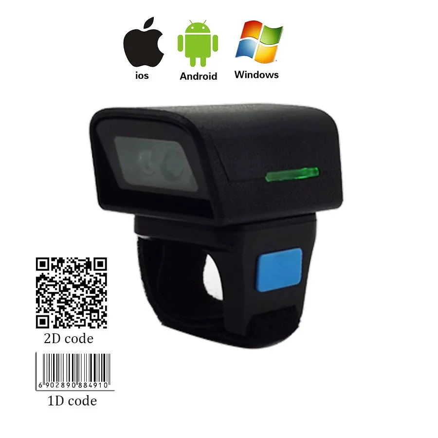 Portátil Wearable Barcode Scanner Mini Finger Bar Code Reader sem Fio Compatível com Bluetooth Anel 2d 2.4g