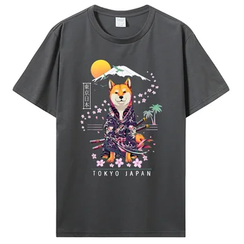 Shiba Inu Tshirt Japanese Aesthetic Sakura Cherry Blossoms T-Shirt Men Clothing Oversized T Shirt Graphic Tees 2