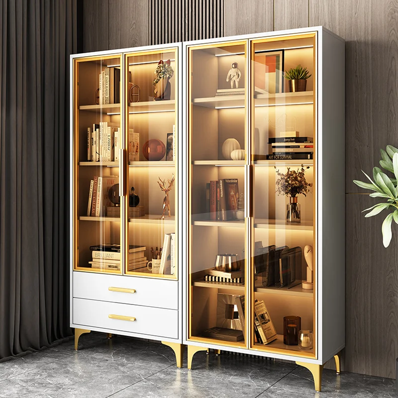 Luxury glass door bookcase floor-to-wall solid wood combination display cabinet living room study storage locker bookcase