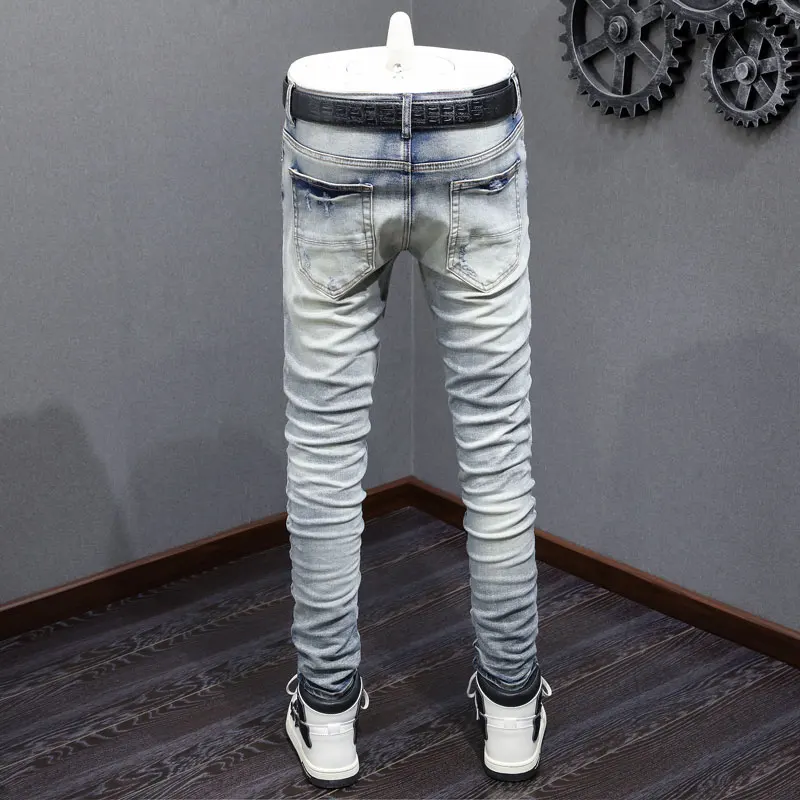 Latest Designer Street Fashion Men's Slim Fit Jeans Retro Light Blue Elastic Split Jeans White Patch Panel Hip Hop Pants